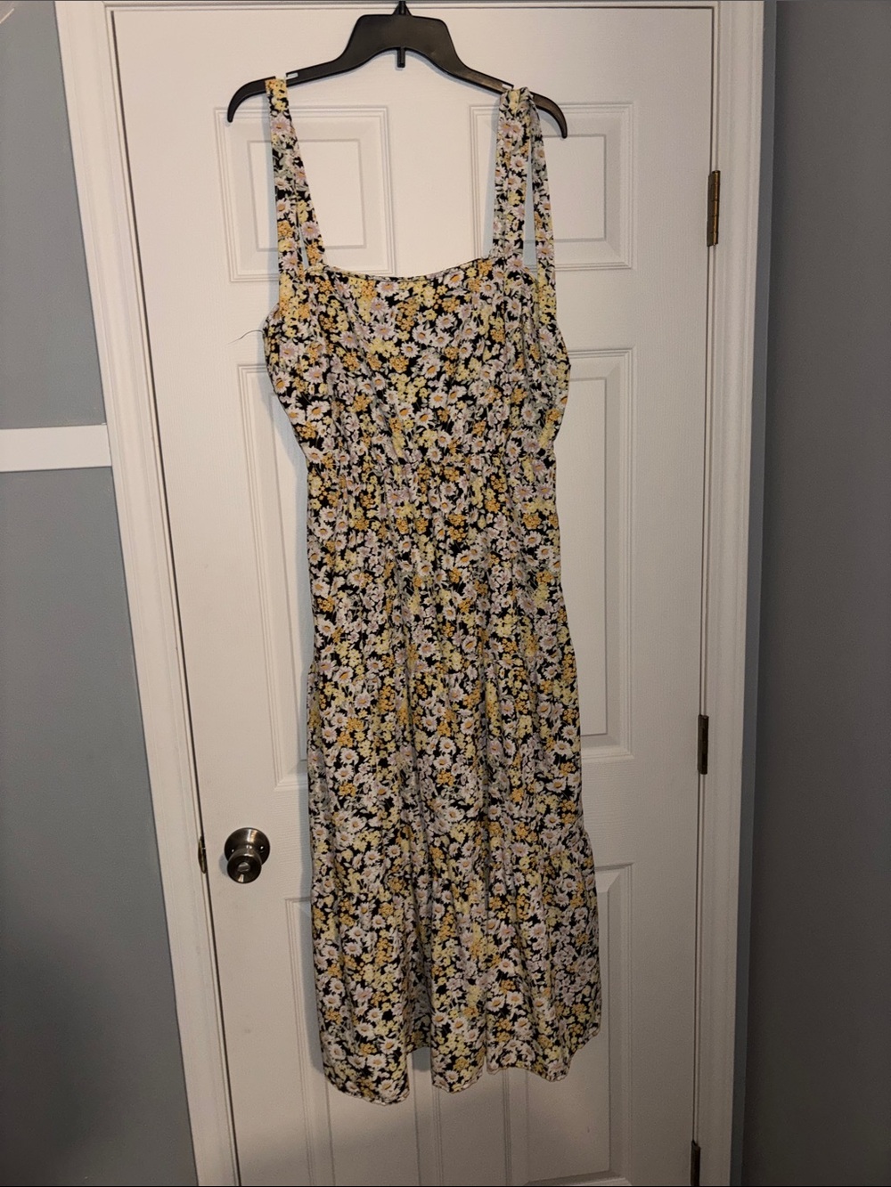 Yellow Floral Maxi Dress with Square Neck and Wide Straps